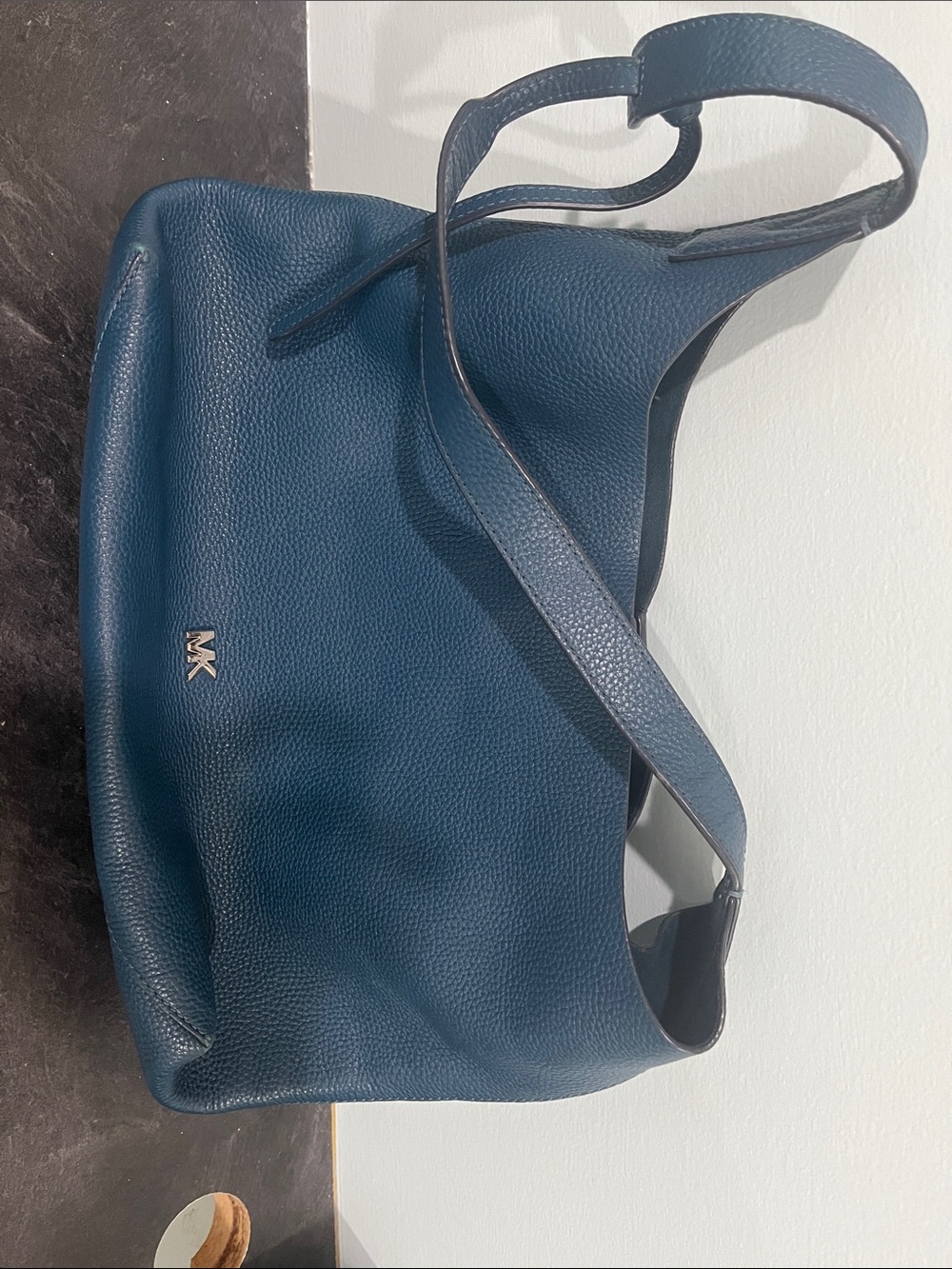 Michael Kors Dark Blue Pebbled Leather Shoulder Bag with MK Logo
